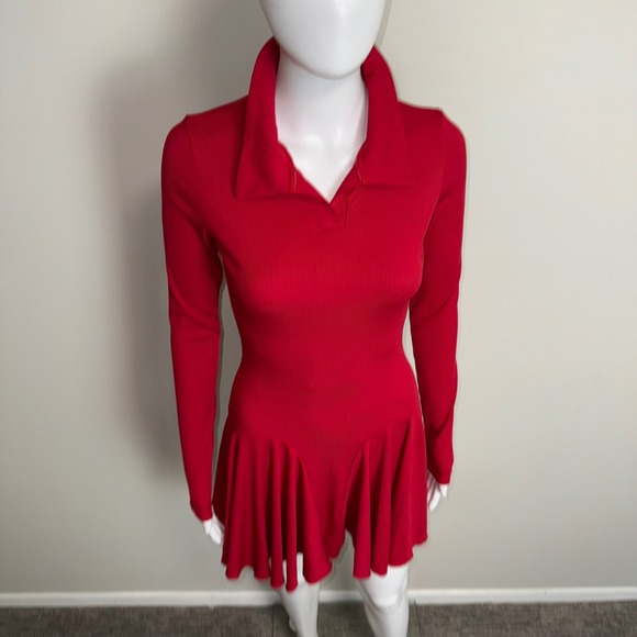 Commense Red Ribbed Knit Mini Dress Long Sleeve Polo Collar Fit and Flare Small - Picture 15 of 17